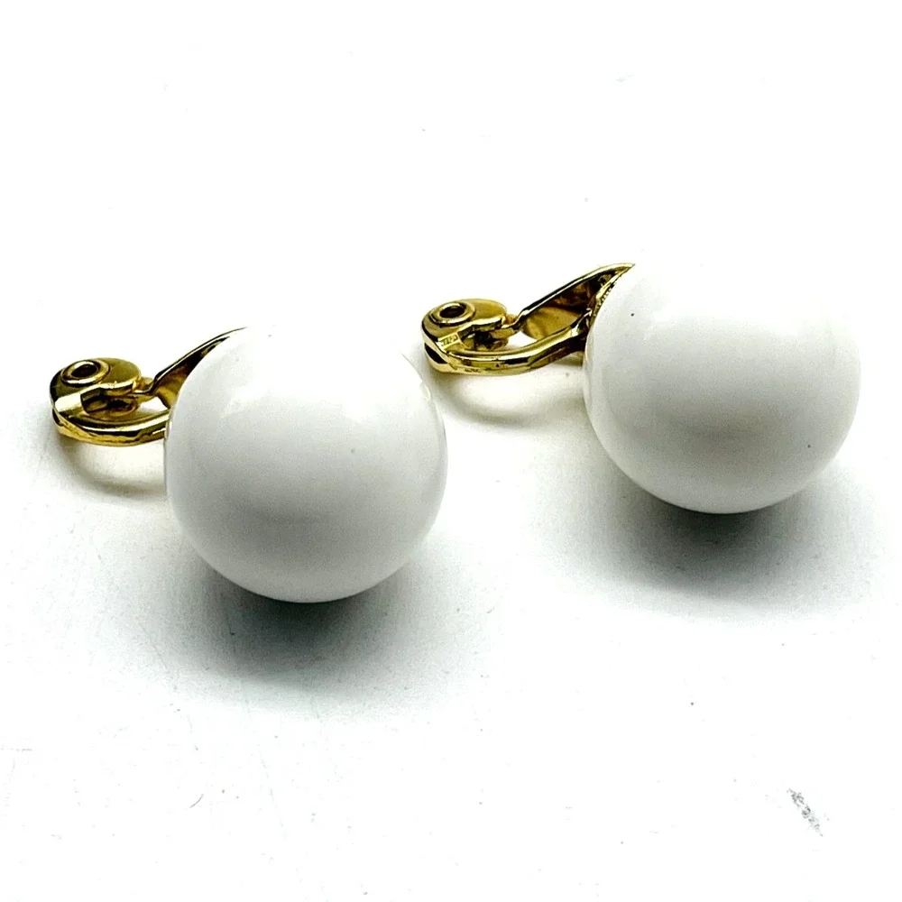 Signed Monet Earrings White Bead Clip On Gold Tone Vintage Classic Costume